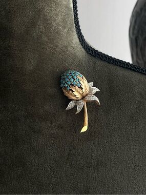 Vintage Panetta Bouquet Flower Faux Turquoise Glass Cluster Gold Brooch Pin
